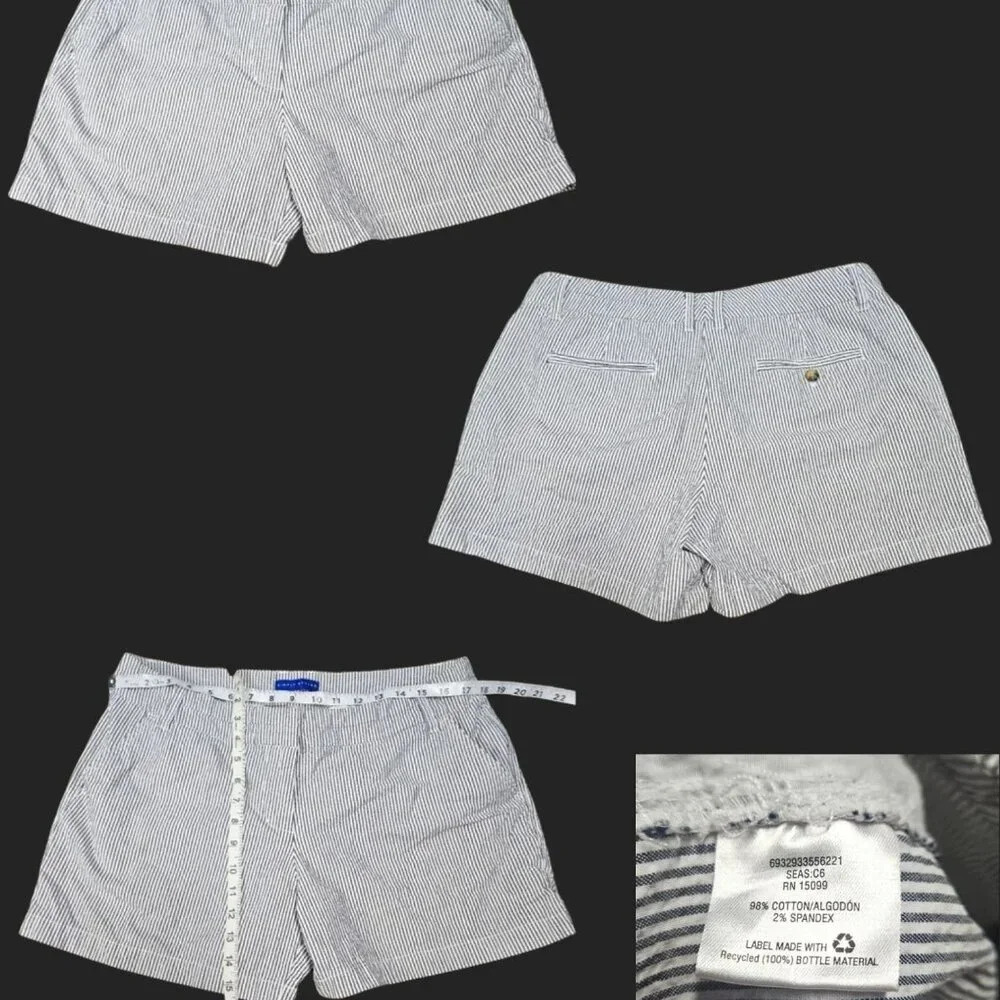 EUC Simply Styled Chino Seersucker Striped Shorts Blue White Mid Rise Women's 12